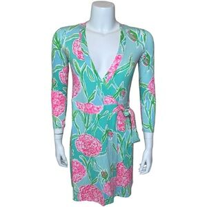 Lilly Pulitzer Meridian Wrap Dress XS Poolside Blue Pink Floral